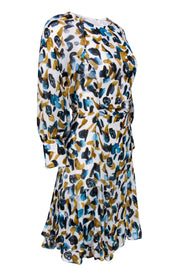 Current Boutique-Reiss - White Flounce Dress w/ Blue & Mustard Print Sz 4