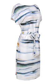 Current Boutique-Reiss - White & Multicolor Watercolor Print Short Sleeve Belted Silk Midi Dress Sz 2