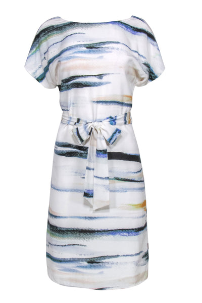Current Boutique-Reiss - White & Multicolor Watercolor Print Short Sleeve Belted Silk Midi Dress Sz 2