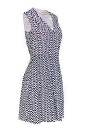 Current Boutique-Reiss - White Silk Dress w/ Black & Purple Zig-Zag Pattern Sz 0