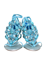 Current Boutique-Rene Caovilla - Turquoise Suede & Satin Strappy Pumps w/ Jeweled & Rhinestone Embellishments Sz 6
