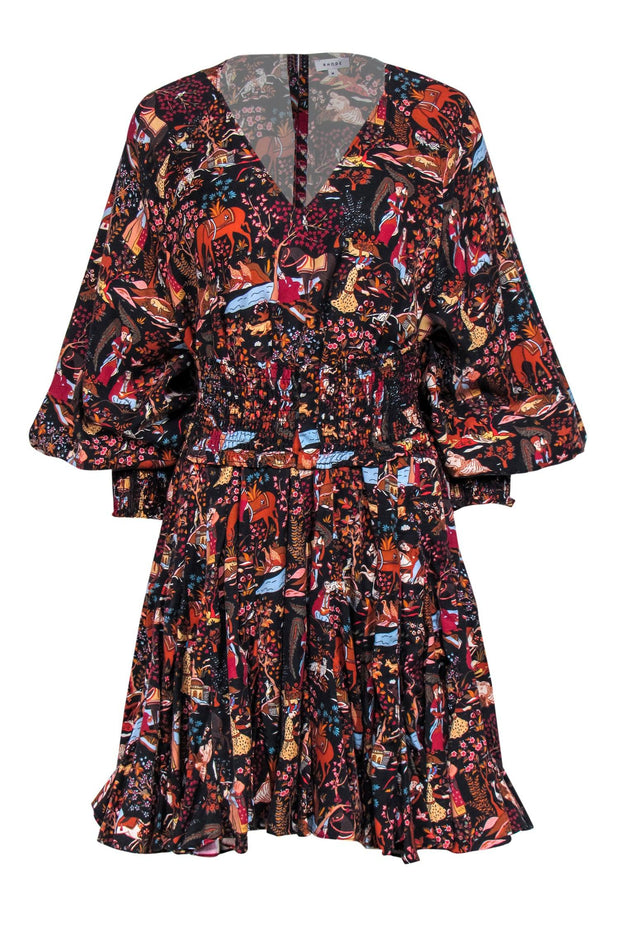 Current Boutique-Rhode - Black & Multicolor Floral, People & Animal Print Dress Sz M