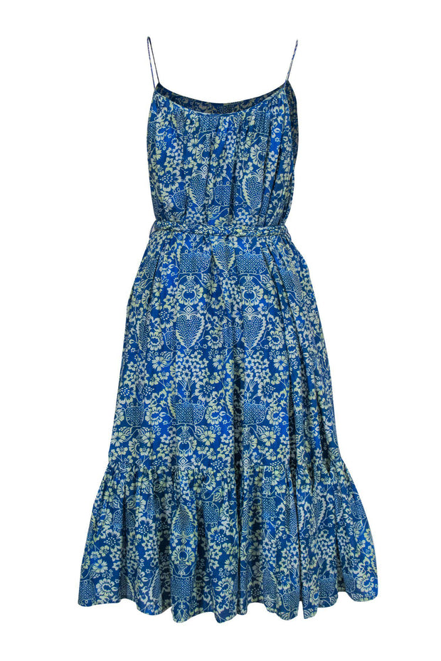 Current Boutique-Rhode - Blue & Green Floral Print Sleeveless Belted Maxi Dress Sz S