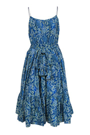 Current Boutique-Rhode - Blue & Green Floral Print Sleeveless Belted Maxi Dress Sz S