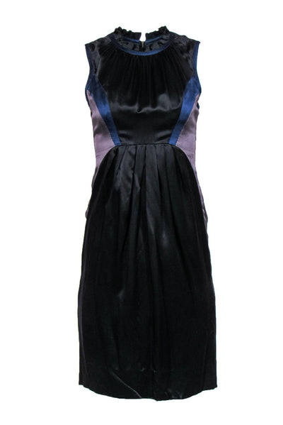 Current Boutique-Richard Chai - Black, Grey & Blue Sleeveless Silk Sheath Dress w/ Ruffle Collar Sz 2