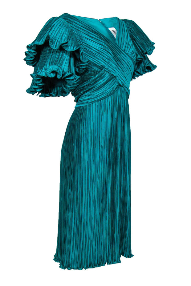 Current Boutique-Richilene - Vintage Teal Pleated Tiered Sleeve Midi Dress Sz 12