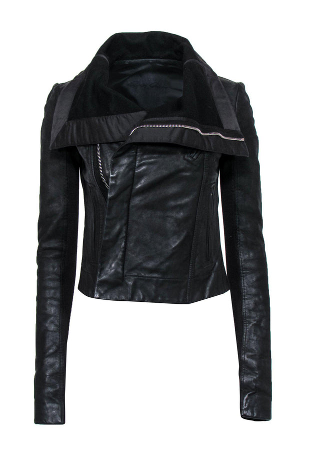 Current Boutique-Rick Owens - Black Leather Zip-Up Draped Moto Jacket Sz S