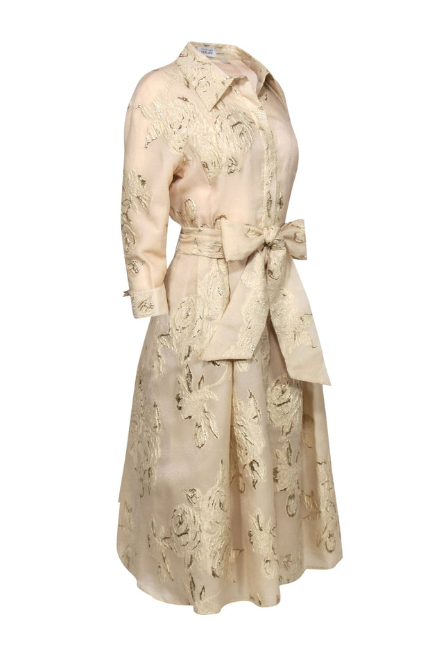 Current Boutique-Rickie Freeman for Teri John - Beige & Gold Metallic Floral Jacquard Belted Midi Dress Sz 12