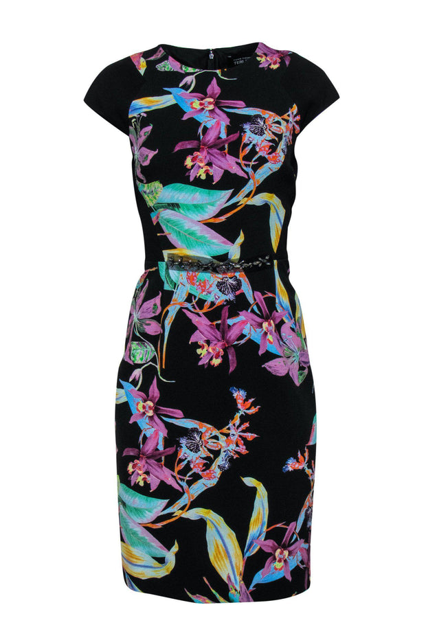 Current Boutique-Rickie Freeman for Teri Jon - Black Sheath Dress w/ Neon Floral Print Sz 8