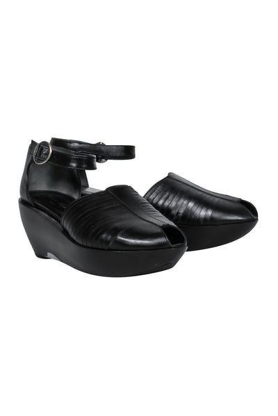 Current Boutique-Robert Clergerie - Black Leather Ankle Strap Peep Toe Platforms Sz 6.5