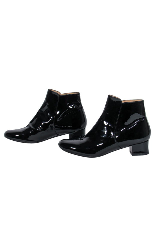 Current Boutique-Robert Clergerie - Black Patent Leather Low Block Heel Booties Sz 7.5