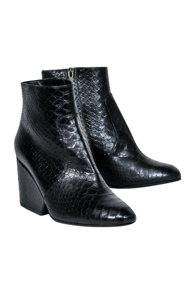 Current Boutique-Robert Clergerie - Black Snakeskin Chunky Heel Ankle Booties Sz 7.5