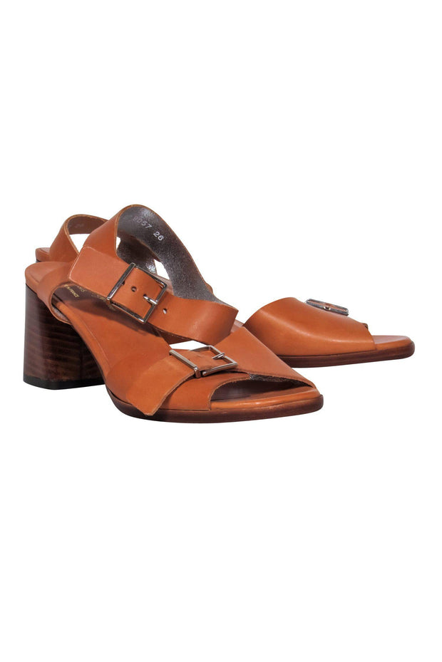 Current Boutique-Robert Clergerie - Brown Leather Buckle Strap Block Heel Sandals Sz 8.5