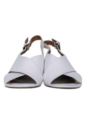 Current Boutique-Robert Clergerie - White Smooth Leather Slingback Scalloped Block Heels Sz 8.5