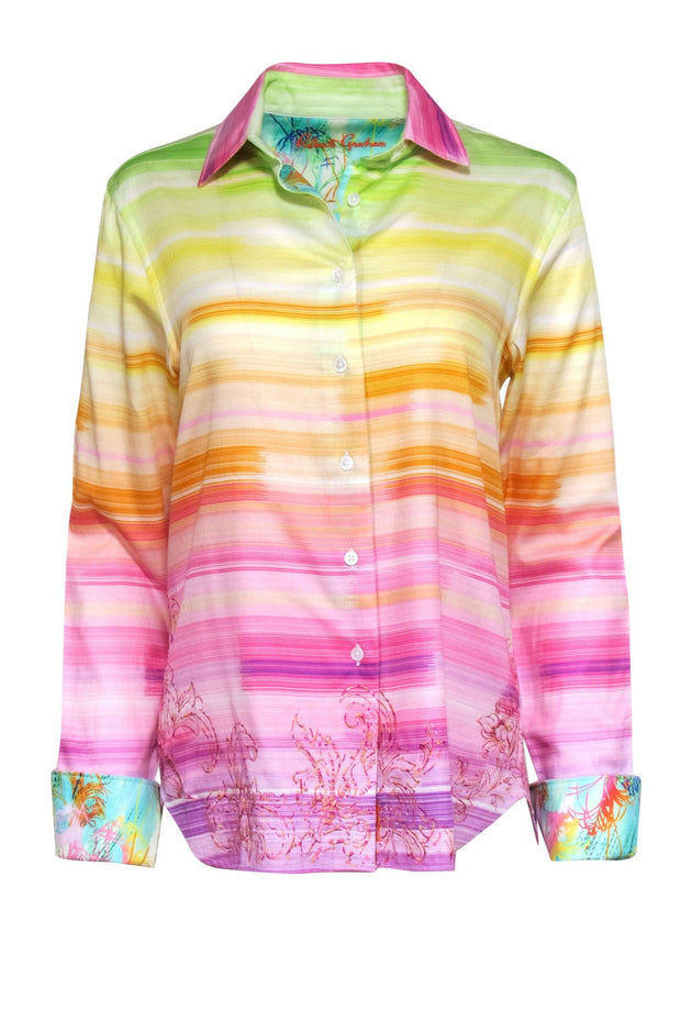 Current Boutique-Robert Graham - Bright Printed Marbled Striped Cotton Button-Up w/ Embroidery Sz M