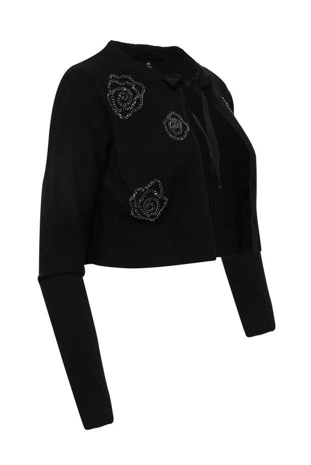 Current Boutique-Robert Rodriguez - Black Cropped Cashmere Cardigan w/ Metal Chain Floral Design Sz S
