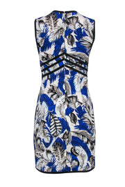 Current Boutique-Roberto Cavalli - Black, Blue & White Tropical Printed Lace-Up Sheath Dress Sz 4