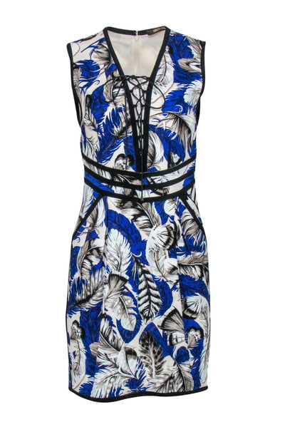Current Boutique-Roberto Cavalli - Black, Blue & White Tropical Printed Lace-Up Sheath Dress Sz 4
