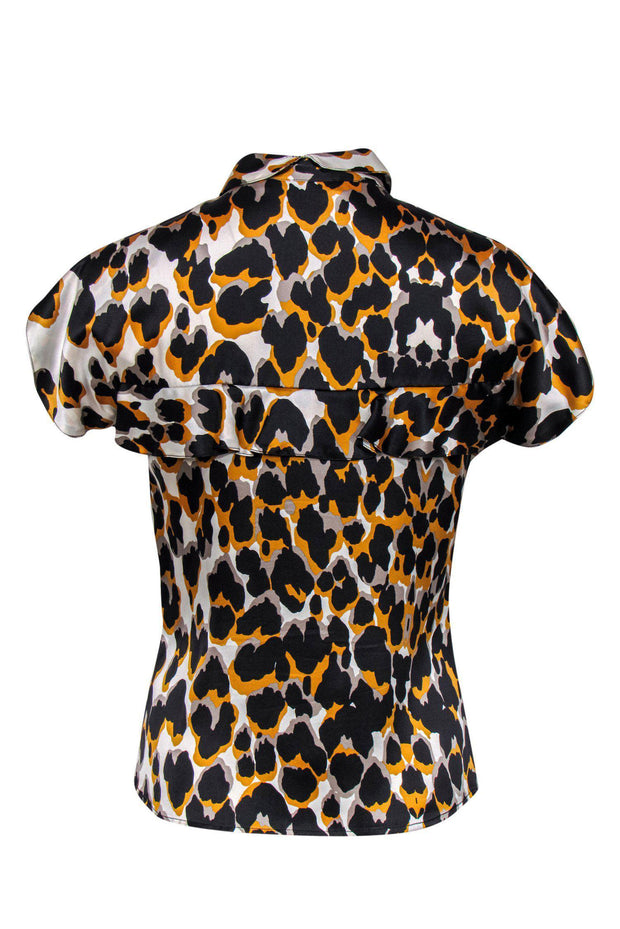 Current Boutique-Roberto Cavalli - Black, Grey & Orange Leopard Print Ruffle Sleeveless Button-Up Silk Blouse Sz S