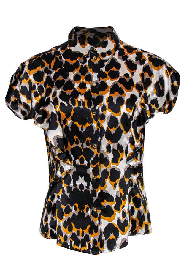 Current Boutique-Roberto Cavalli - Black, Grey & Orange Leopard Print Ruffle Sleeveless Button-Up Silk Blouse Sz S