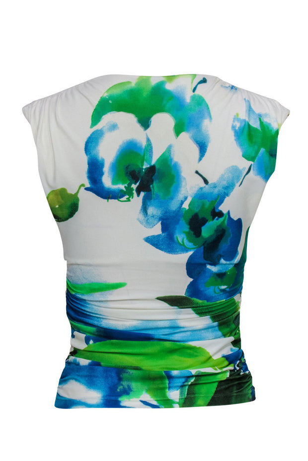 Current Boutique-Roberto Cavalli - Blue, White & Green Ruched Sleeveless Top Sz 2