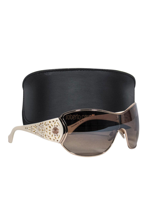 Current Boutique-Roberto Cavalli - Cream & Gold Lasercut Shield Sunglasses