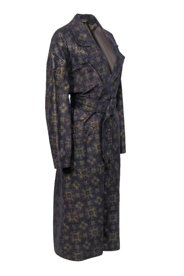 Current Boutique-Roberto Cavalli - Vintage Purple & Gold Patterned Suede Trench Coat Sz S