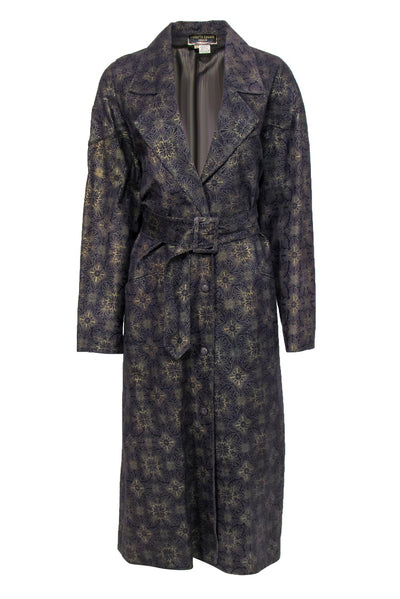 Current Boutique-Roberto Cavalli - Vintage Purple & Gold Patterned Suede Trench Coat Sz S