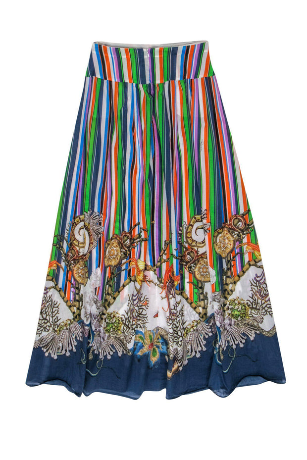 Current Boutique-Roberto Cavalli - White & Multicolored Striped Maxi Skirt w/ Nature Print Hem Sz 4