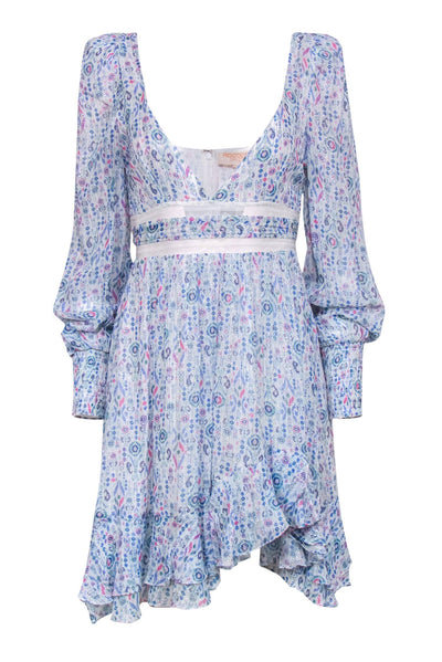 Current Boutique-Rococo Sand - White, Blue & Pink Printed Metallic Dress w/ Lace Sz P