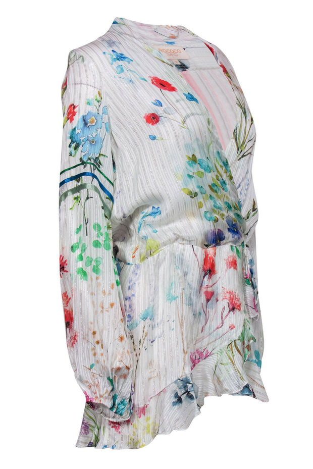 Current Boutique-Rococo Sand - White Floral Print Long Sleeve Faux Wrap Dress w/ Metallic Stripes Sz S