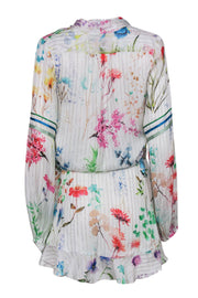 Current Boutique-Rococo Sand - White Floral Print Long Sleeve Faux Wrap Dress w/ Metallic Stripes Sz S