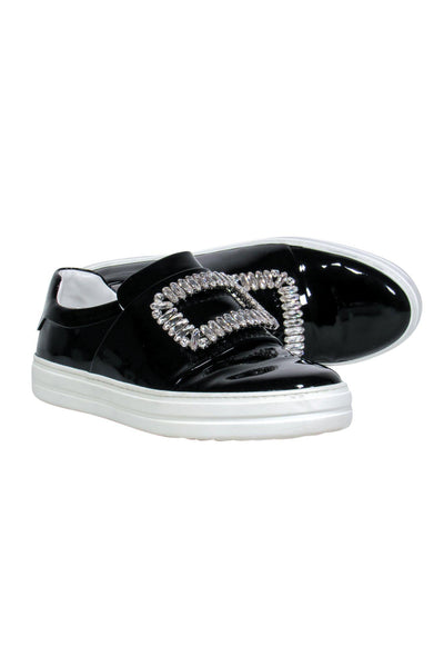 Current Boutique-Roger Vivier - Black Patent Leather Platform Sneakers w/ Jeweled Button Design Sz 8.5