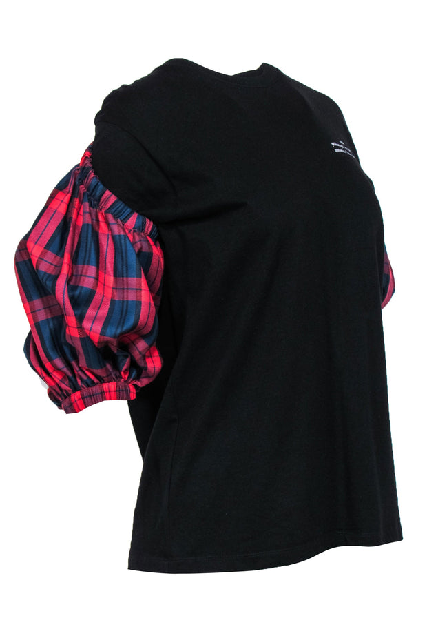 Current Boutique-Rokh - Black Logo Graphic T-Shirt w/ Detachable Plaid Puff Sleeves Sz M