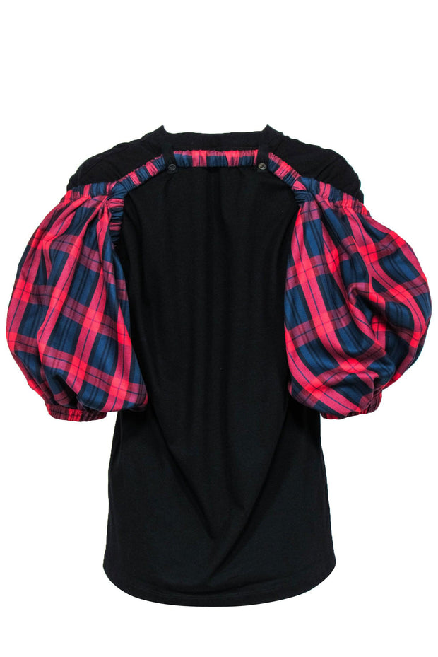 Current Boutique-Rokh - Black Logo Graphic T-Shirt w/ Detachable Plaid Puff Sleeves Sz M