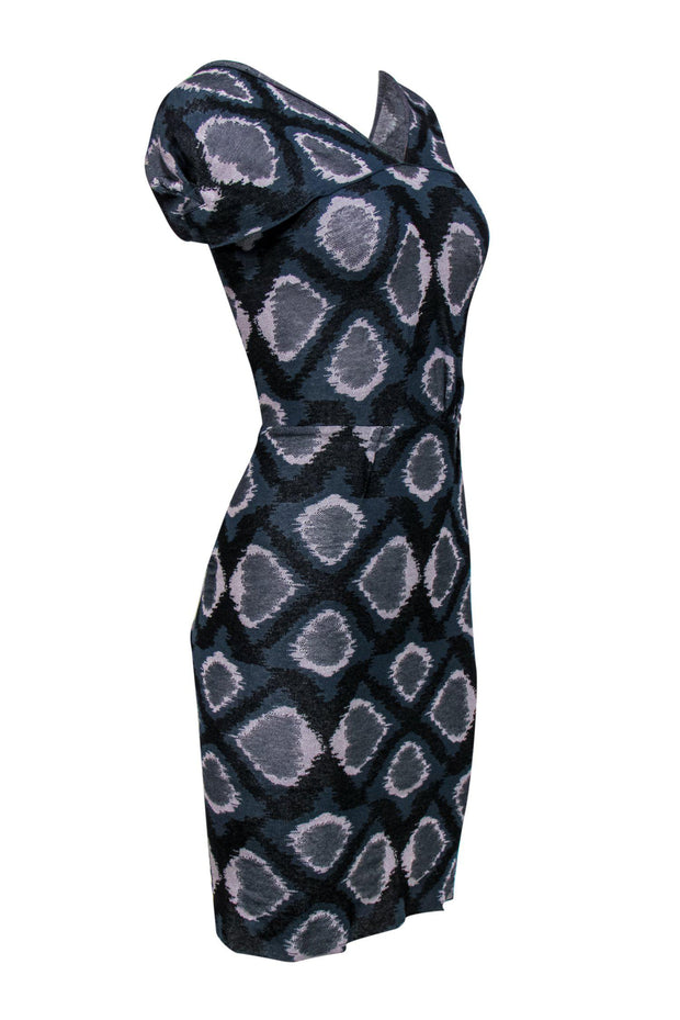 Current Boutique-Roland Mouret - Smokey Blue Patterned Cap Sleeve Knit Dress Sz 4