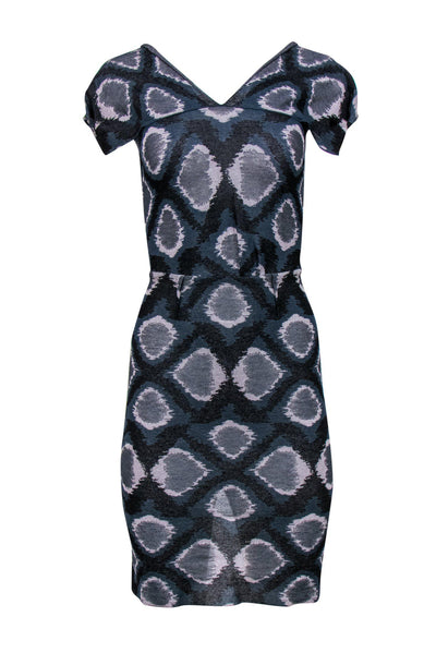 Current Boutique-Roland Mouret - Smokey Blue Patterned Cap Sleeve Knit Dress Sz 4