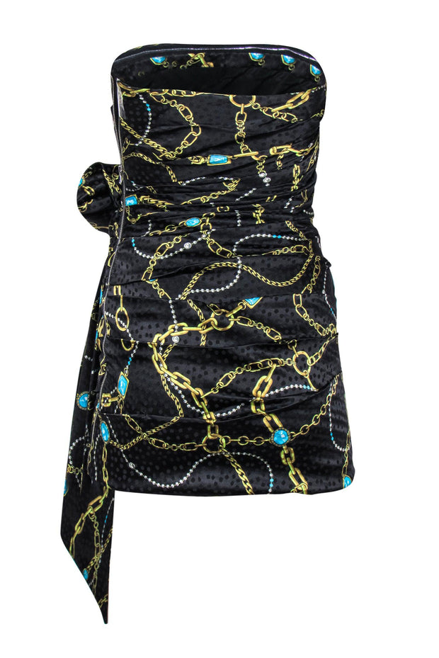 Current Boutique-Ronny Kobo - Black & Gold Chain & Jewel Print Strapless Dress w/ Bow Sz S