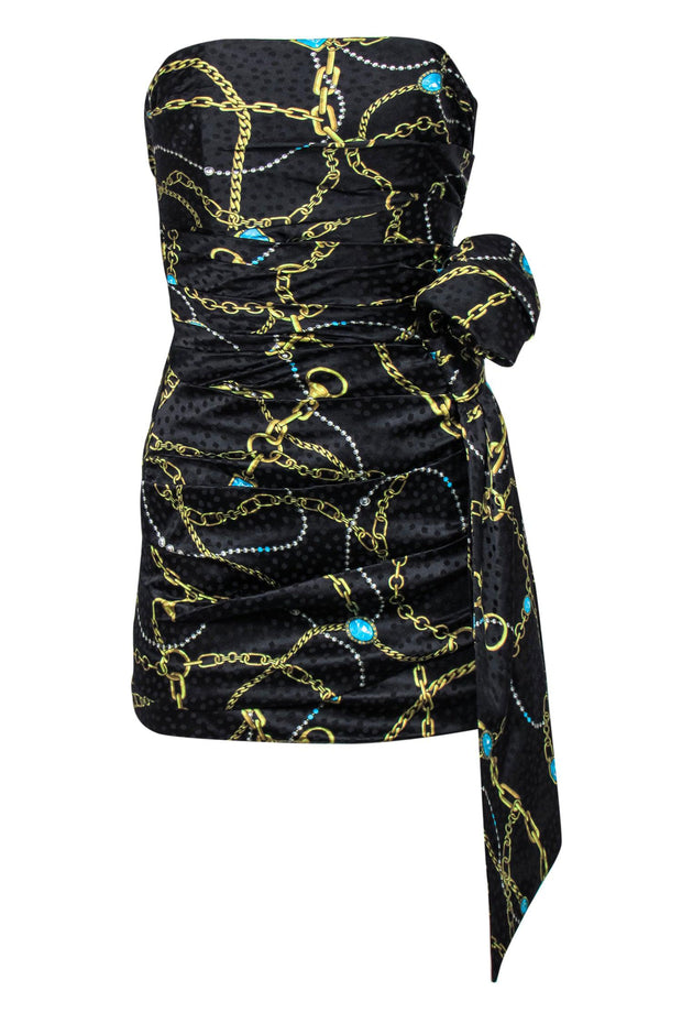 Current Boutique-Ronny Kobo - Black & Gold Chain & Jewel Print Strapless Dress w/ Bow Sz S
