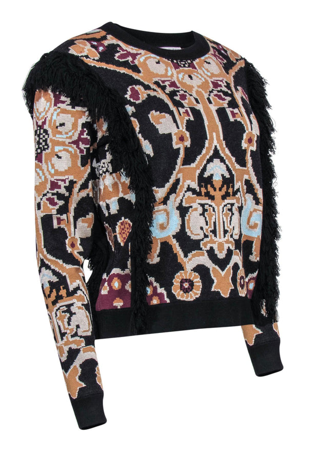 Current Boutique-Ronny Kobo - Tan Black & Plum Patterned Sweater w/ Fringe Sz S
