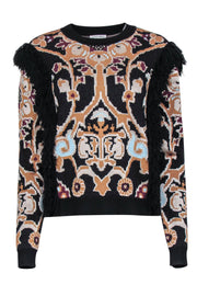 Current Boutique-Ronny Kobo - Tan Black & Plum Patterned Sweater w/ Fringe Sz S