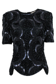Current Boutique-Royal Feelings - Vintage Black Beaded & Sequin Silk Blouse w/ Petaled Hem Sz S