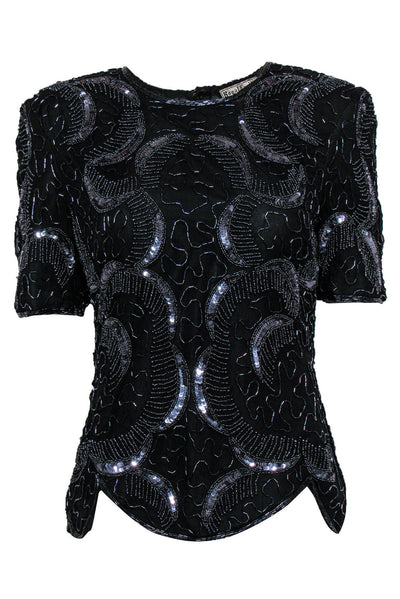 Current Boutique-Royal Feelings - Vintage Black Beaded & Sequin Silk Blouse w/ Petaled Hem Sz S