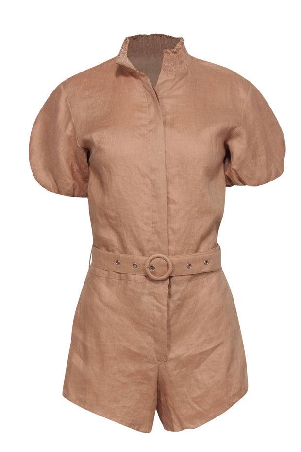 Current Boutique-SWF - Tan Button-Up Puff Sleeve Belted “Redemption” Romper Sz S