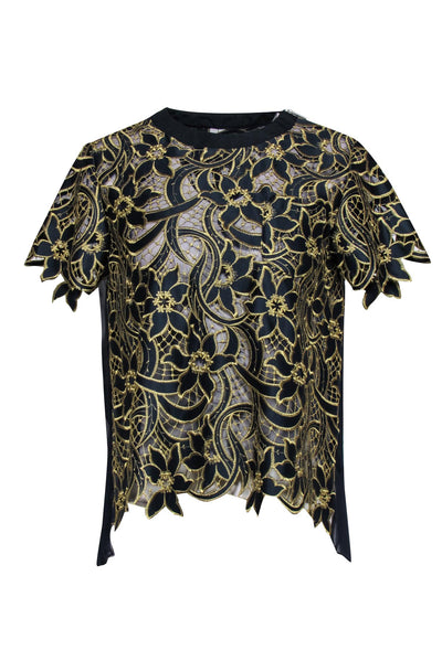Current Boutique-Sacai - Navy Short Sleeve Blouse w/ Gold Floral Embroidered Design Sz S/M