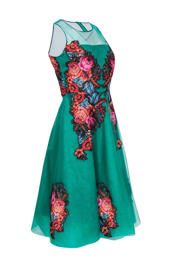 Current Boutique-Sachin & Babi - Green Tulle A-Line Dress w/ Floral Print Appliques Sz 2