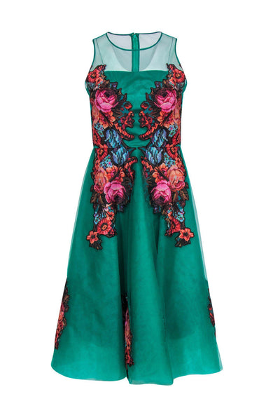 Current Boutique-Sachin & Babi - Green Tulle A-Line Dress w/ Floral Print Appliques Sz 2