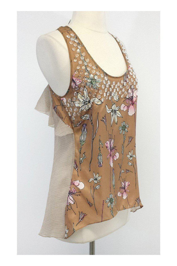 Current Boutique-Sachin & Babi - Tan Floral Print Silk Beaded Tank Sz M