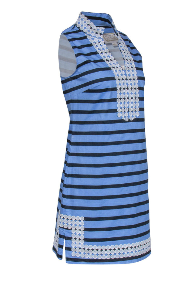 Current Boutique-Sail to Sable - Light Blue & Navy Stripe Cotton Shift Dress w/ White Trim Lace Sz S