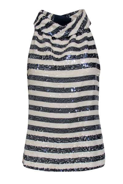 Current Boutique-Sail to Sable - Navy & Cream Sequin Stripe Cowl Neck Sleeveless Top Sz XS